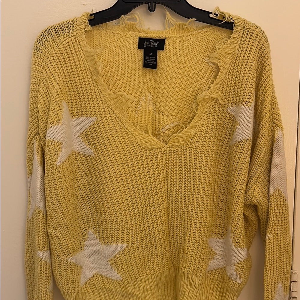 Distressed Off The Shoulder Yellow Star Sweater